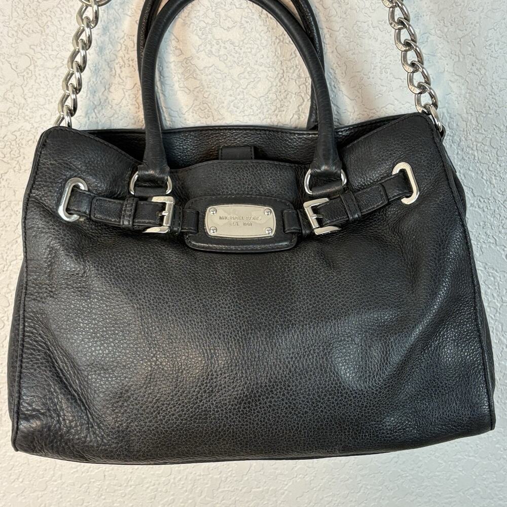 MICHAEL KORS Leather Satchel Shoulder Tote Bag Hamilton East West Pebbled Black - Picture 3 of 10